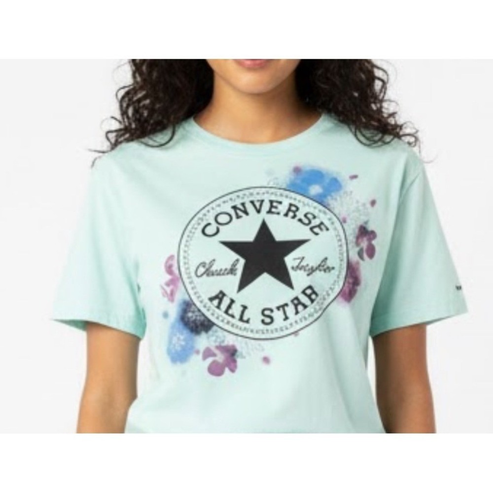 Converse All Star Floral Graphic T-Shirt Girls XL Aqua Blue‎ Cotton Blend